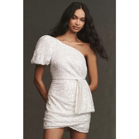 NWT Sachin & Babi Dova Puffed One-Shoulder Sequin Bow Wrap Mini Dress Sz 8 - Picture 3 of 10